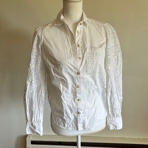 Anthropologie white eyelet sleeve button down shirt. Size 0
